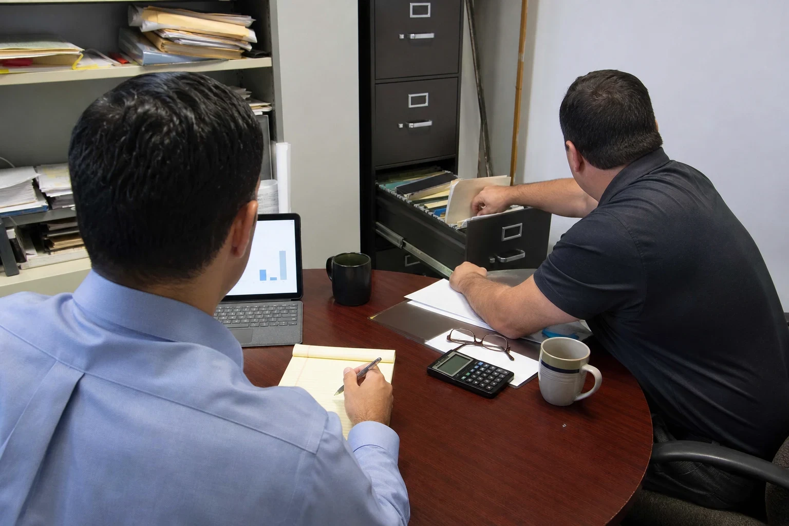 Agent in a blue shirt with a notepad and tablet waits at a round desk as a business owner pulls a file from a black filing cabinet; calculator and mugs nearby.
