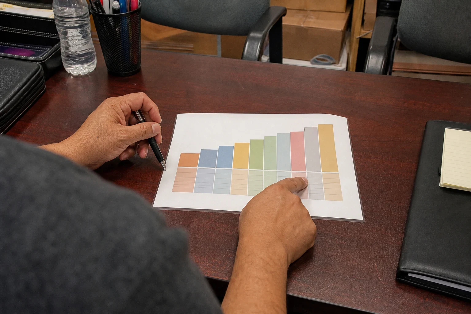 Over-the-shoulder view of a person at a wood desk holding a pen and pointing to a printed pastel bar chart, with boxes and office chairs behind
