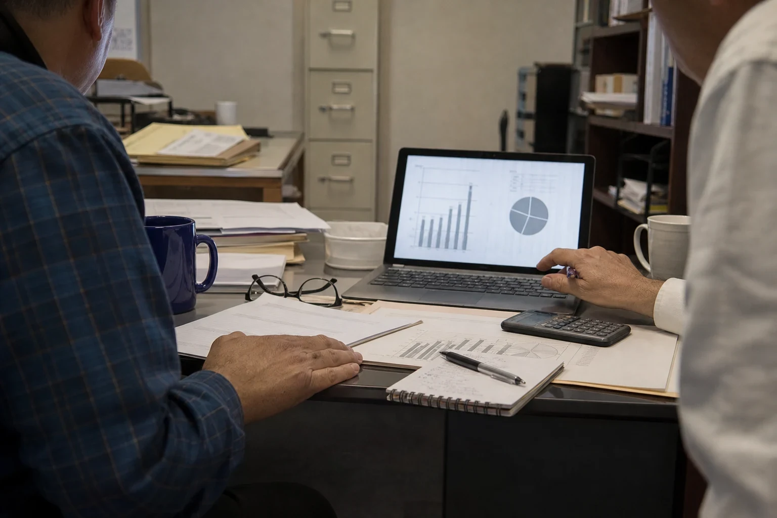 Two men at a cluttered office desk reviewing bar and pie charts on a laptop, with printed charts, a calculator, notebook, reading glasses and filing cabinets behind